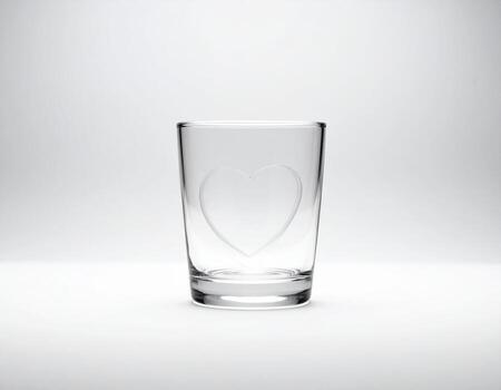 Empty glass with heart etching sits on white surface, illuminated by soft light, creating a minimalist and romantic mood. photo