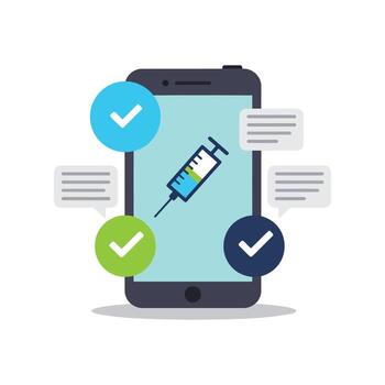 Smartphone with Syringe and Checkmarks for Online Vaccination Booking Application vector