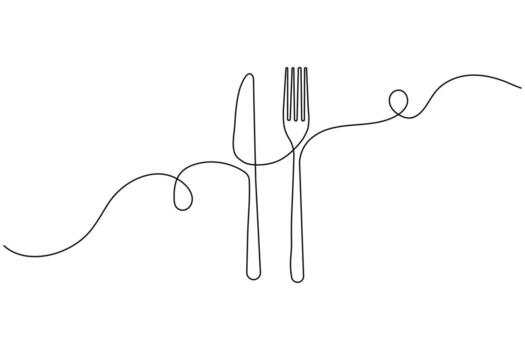 Minimal table setting with knife and fork continuous single line drawing artwork vector