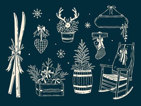 Hand-drawn monochrome rustic Christmas set in light lines on dark green background with rocking chair, skis, tree in barrel, gifts, sock, fabric heart, and bucket with pine branches vector