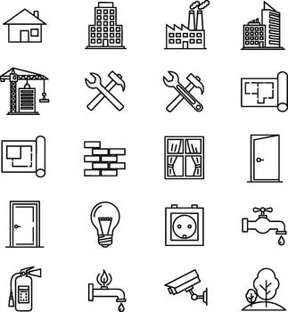 Comprehensive Line Art Icon Set Representing Construction and Building Elements vector
