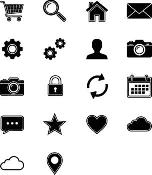 Collection of common web and app icons in black and white vector