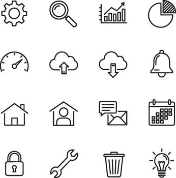 Simple Black and White Icon Set Depicting Common Web App Features vector