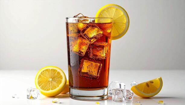 Refreshing cola drink with ice cubes and lemon slice sits on a white surface, creating a cool and inviting summer vibe. photo
