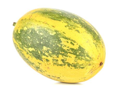 Ripe yellow melon rests on a white surface, showcasing its unique green patterns and smooth texture in a simple, natural presentation. photo