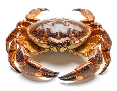 Crab poses with its claws open on a white surface, exhibiting its textured shell and powerful pincers in a studio setting. photo