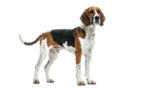 Foxhound dog standing attentively on white background, showcasing its elegant posture and distinctive coat pattern in a studio setting. photo