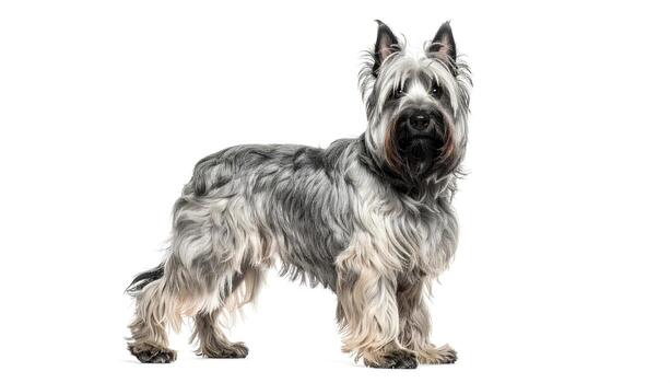 Sky terrier stands attentively against a white studio backdrop, showcasing its unique gray coat and alert expression, creating a serene and professional atmosphere. photo