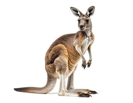 Kangaroo stands upright on a white surface, looking directly at the camera with its paws slightly raised in a curious and alert pose. photo