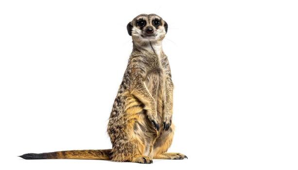 Alert meerkat stands tall on white background, looking directly at the camera with curious expression, showcasing its unique markings and posture. photo