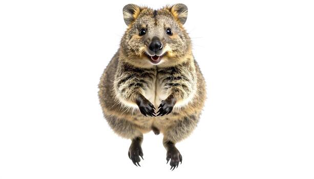 Smiling quokka stands on white background, looking directly at the camera with its paws clasped together, creating a cheerful and endearing image. photo