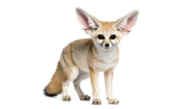 Fennec fox stands alert on white backdrop, showcasing its large ears and tan fur, creating a captivating and curious mood. photo