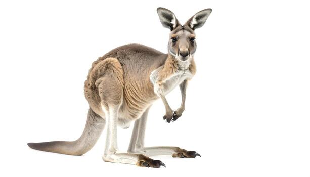 Kangaroo stands upright on a white surface, looking directly at the camera with its large ears perked, showcasing its unique posture and curious expression. photo