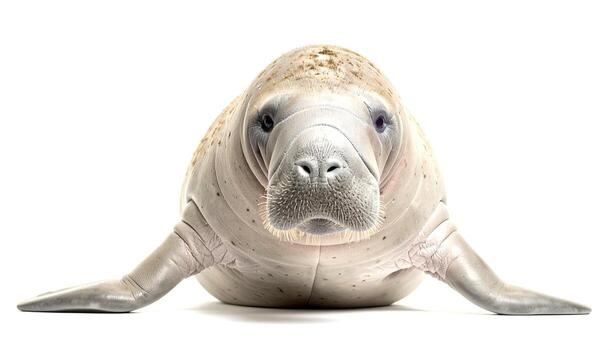 Gentle manatee poses on white background, showcasing its smooth skin and endearing face, creating a serene and captivating image. photo