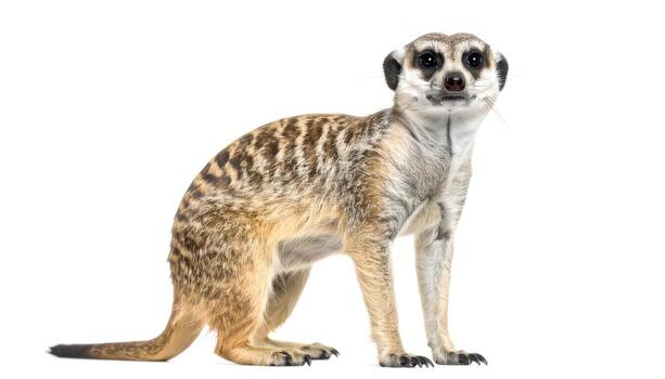 Alert meerkat stands on white background, looking directly at the camera with its curious eyes, creating a captivating and inquisitive portrait. photo