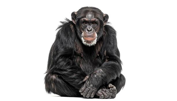 Chimpanzee sits upright against a white backdrop, looking directly at the viewer with a calm and thoughtful expression, creating a sense of connection and awareness. photo