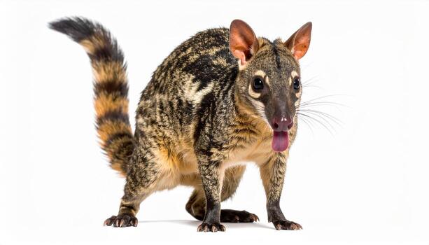 Asian palm civet stands on white background, sticking its tongue out with its patterned fur and long tail, creating a playful and curious mood. photo