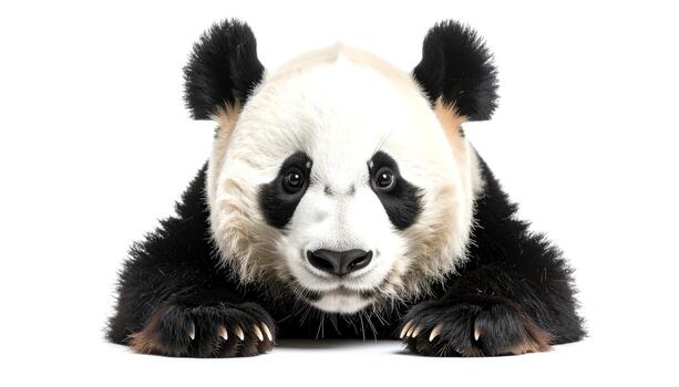 Cute panda bear lying down on a white background, looking directly at the camera with its black and white fur, creating a peaceful and endearing scene. photo