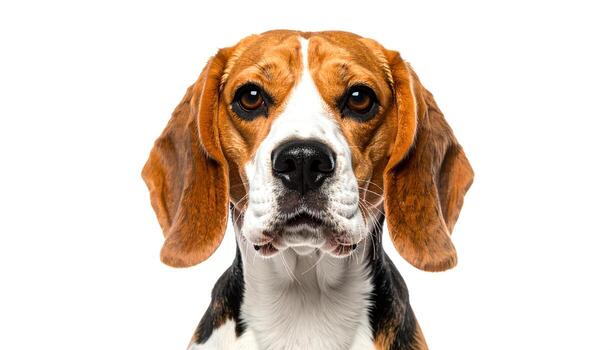 Beagle dog stares intently at the camera against a plain white backdrop, showcasing its distinctive markings and expressive eyes with a curious and focused mood. photo
