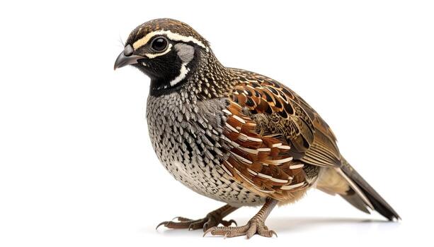 Bobwhite quail stands alert on a white background, showcasing its intricate feather patterns and attentive posture in a studio shot, capturing its natural beauty and alertness. photo