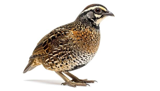 Bobwhite quail stands on white background, showcasing its intricate feather patterns and alert posture in a studio setting, capturing the beauty of wildlife. photo