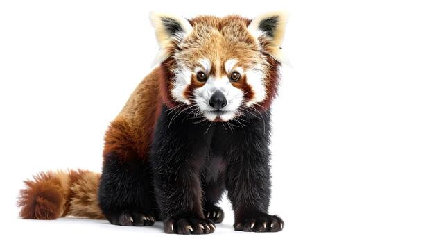 Red panda sits attentively on a white surface, looking directly at the camera with its fluffy fur and curious expression, creating a captivating and endearing image. photo