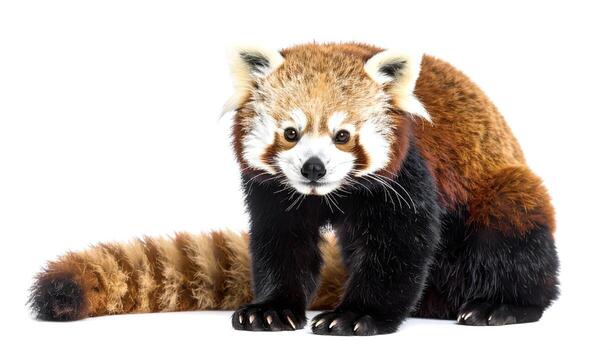 Red panda standing and looking forward on a white background, showcasing its fluffy tail and distinctive markings in a calm and serene manner. photo