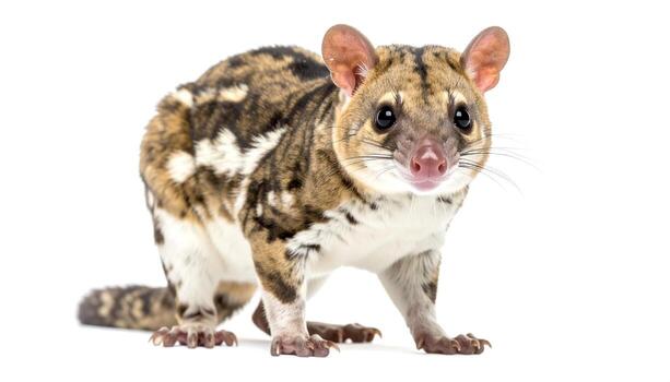 Spotted genet poses attentively on a white background, showcasing its distinctive fur pattern and curious expression in a studio setting, creating a captivating wildlife portrait. photo