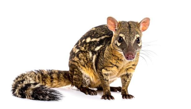 Asian palm civet stands attentively on a white surface, showcasing its unique patterned fur and curious expression in a studio setting, creating a captivating wildlife portrait. photo