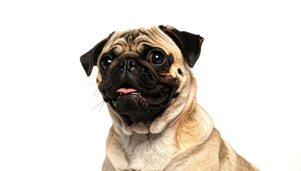 Cute pug dog looks directly at the camera with its tongue slightly out against a plain white backdrop, creating a playful and endearing portrait. photo