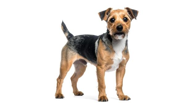 Cute terrier dog stands attentively against a white studio backdrop, showcasing its unique coat pattern and alert expression, creating a charming and endearing portrait. photo