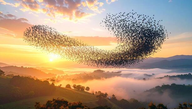 rebaño de aves volador en formación terminado brumoso colinas a amanecer creando un hermosa y impresionante escena en naturaleza, exhibiendo el belleza de colectivo comportamiento. foto