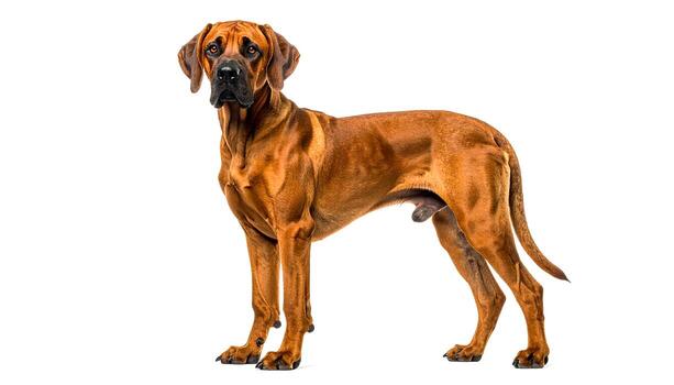 Rhodesian ridgeback stands attentively against a plain white backdrop, showcasing its muscular build and alert expression, creating a striking and dignified portrait. photo