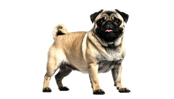 Cute pug stands on a white background, sticking its tongue out with a curious expression, creating a playful and endearing mood. photo