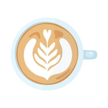 Top-down view of latte in light blue cup with symmetrical rosetta latte art and creamy milk texture vector