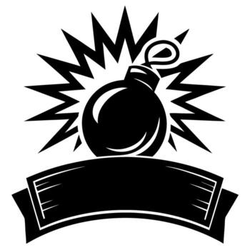 Classic round bomb with fuse and explosion burst black emblem with blank banner, explosive danger concept vector