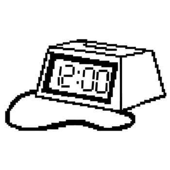 Retro digital alarm clock in pixel art style, monochrome display time concept, minimalist outline illustration vector