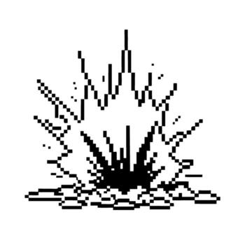 Pixel explosion graphic with debris and blast effect in retro black and white, 8 bit digital art on white background vector