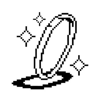 Golden pixel ring with sparkling effect, retro black and white 8 bit style, digital fantasy game asset, icon vector