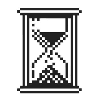 pixelated hourglass icon retro digital timer, countdown symbol in classic black and white for technology interface vector