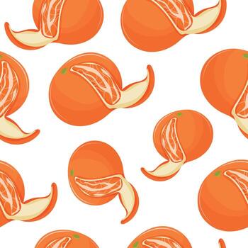 seamless pattern with orange mandarin with one slice visible on a white background arranged randomly, for design, branding or packaging vector