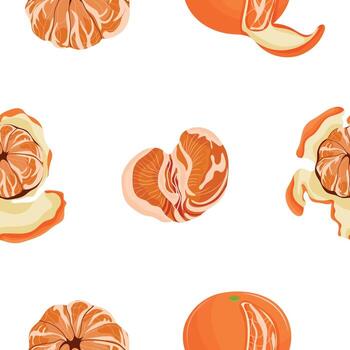 pattern with various icons of peeled and unpeeled tangerines with peels and segments on a white background, for design, branding or packaging vector