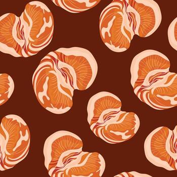 seamless pattern with halves of peeled tangerine with whole segments on a red background arranged randomly, for design, branding or packaging vector