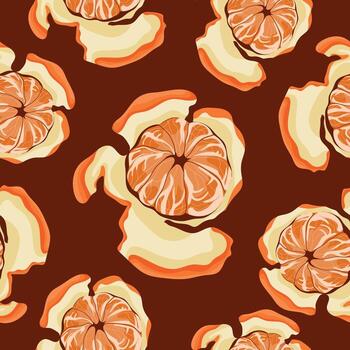 seamless pattern with peeled clementine with whole segments with peel next to it arranged randomly on a dark background, for design, branding or packaging vector
