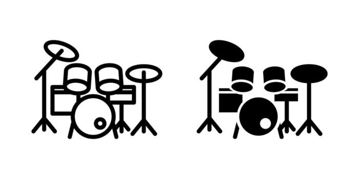 Drum icon Set. A minimalist illustration featuring a drum kit, available in both outline and solid styles. Perfect for music-themed designs and creative projects. vector