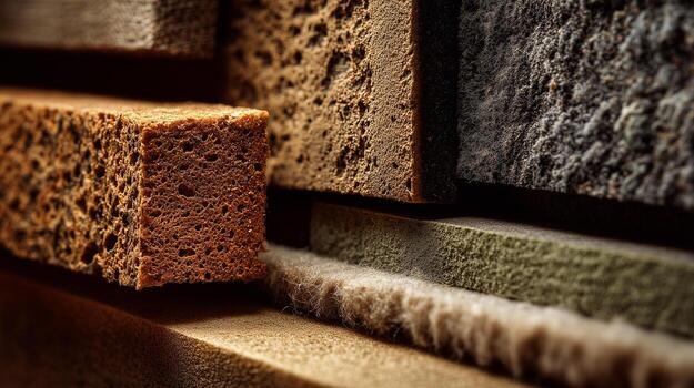 Acoustic soundproofing insulation materials with porous texture and cellular structure. Brown and gray foam blocks for noise reduction and thermal isolation in construction. photo