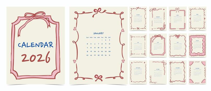2026 table calendar week start on Sunday with bow frame theme that use for horizontal digital and printable letter size vector