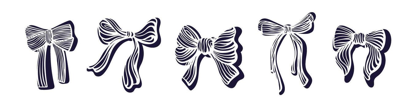 Ink textured bow set. Pop art 80s style. Abstract vector