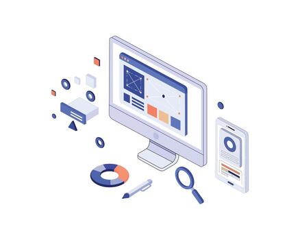 Modern Flat Isometric designed concept icons for Seo, Web Design, Apps Development. Can be used for Web Project and Applications Illustration vector