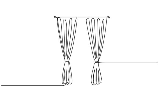 One continuous line drawing of window with curtains in simple linear style. vector